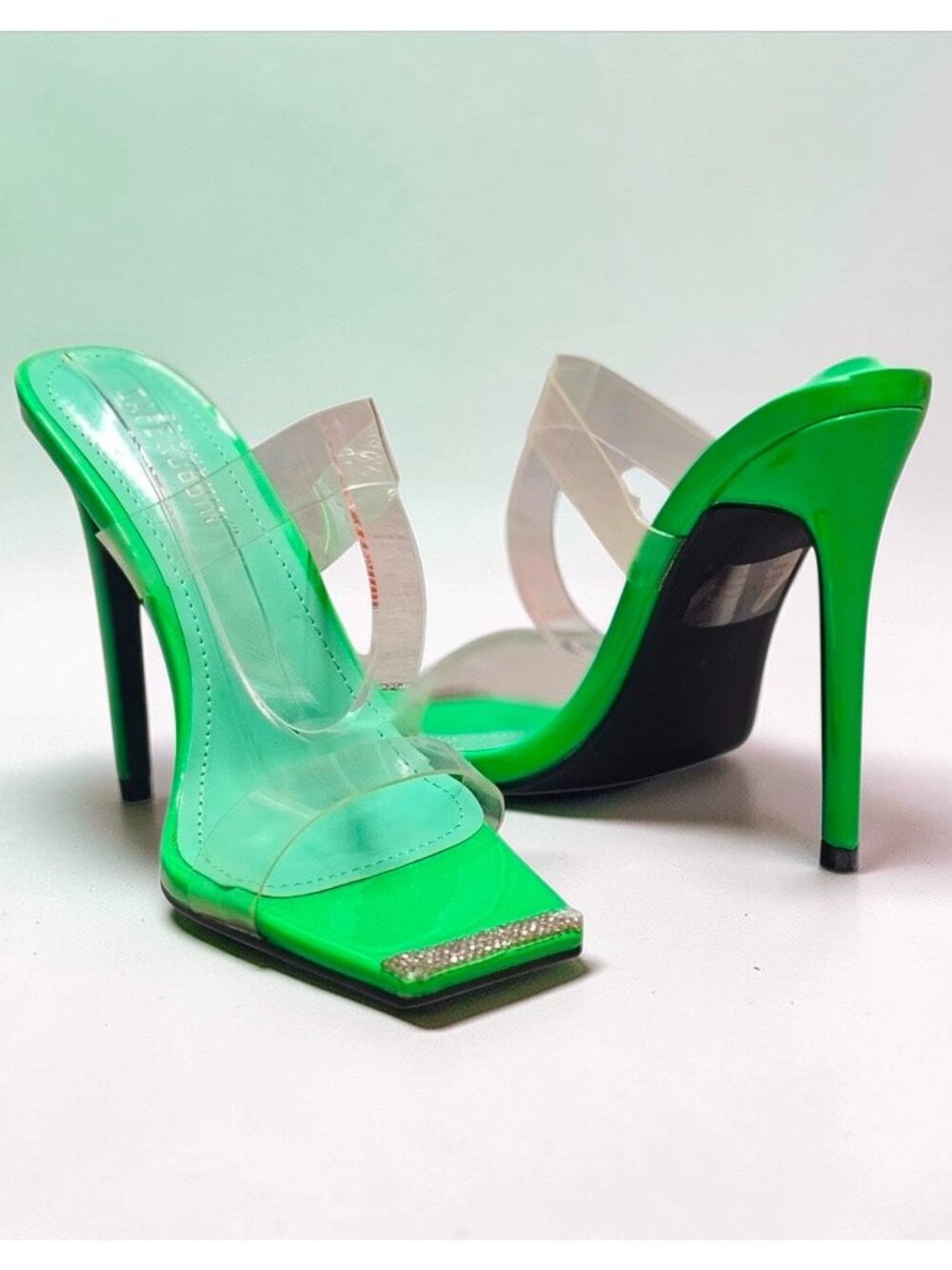 Green & Clear PVC High Heel Slip-On Sandals With Rhinestone Detail Square Toe St